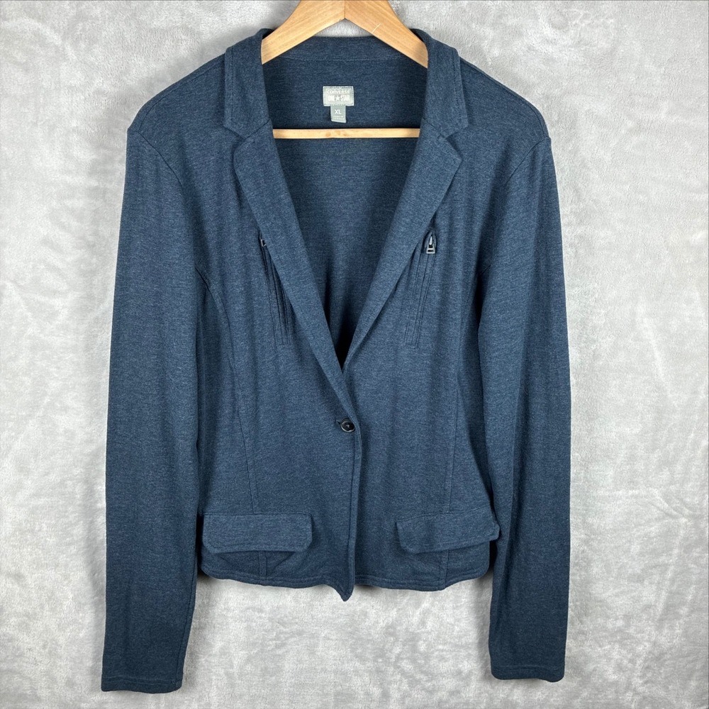 Converse One Star Women Heathered Navy Knit Blazer Jacket Peplum Back XL